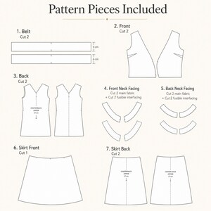 May include: A sewing pattern diagram titled Pattern Pieces Included, showing seven components: two 6 cm wide belts, two front bodice pieces, two back bodice pieces with 17 cm zipper markings, front and back neck facings, a skirt front, and two skirt back pieces.