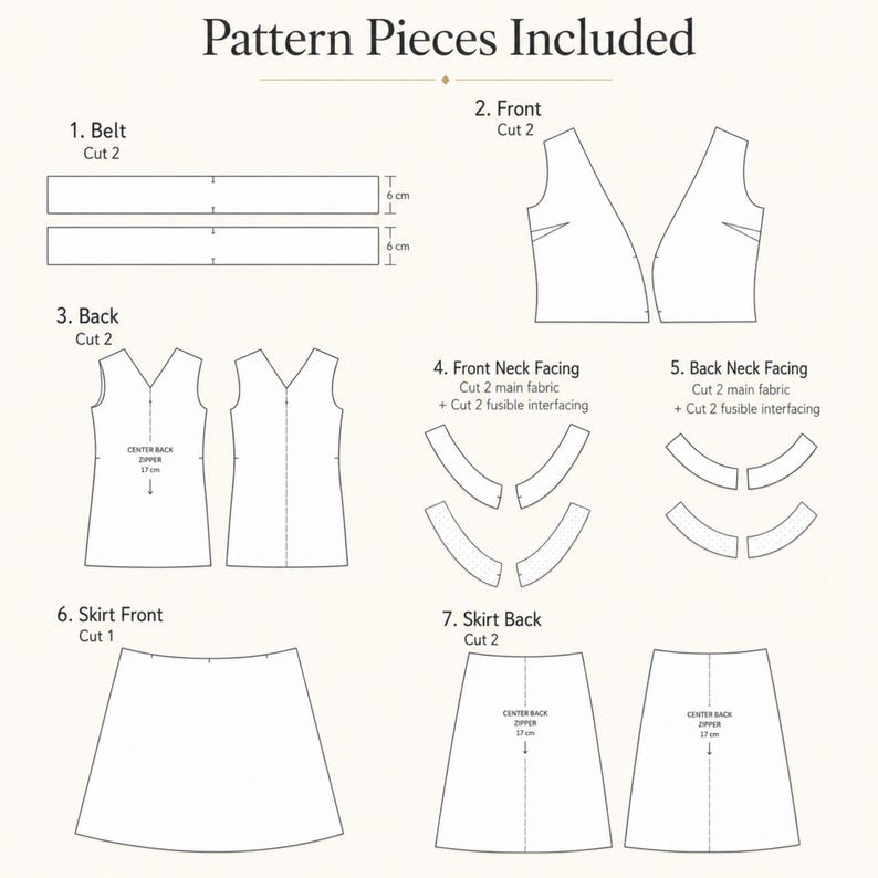 May include: A sewing pattern diagram titled Pattern Pieces Included, showing seven components: two 6 cm wide belts, two front bodice pieces, two back bodice pieces with 17 cm zipper markings, front and back neck facings, a skirt front, and two skirt back pieces.