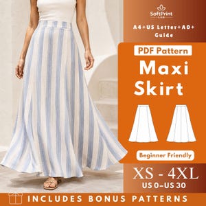 May include: A maxi skirt with vertical light blue and white stripes, paired with a white top. The graphic includes the text SoftPrint LAB, A4+US Letter+A0+ Guide, PDF Pattern Maxi Skirt, Beginner Friendly, XS - 4XL, US 0-US 30, and INCLUDES BONUS PATTERNS.