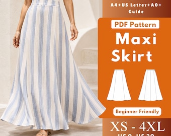 Patrón de costura en PDF para falda maxi larga con paneles, falda acampanada totalmente forrada con cremallera lateral, tallas XS-4XL.