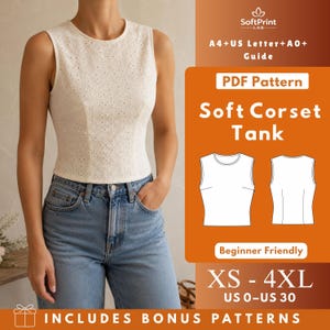 Könnte beinhalten: Ein weißes ärmelloses Tanktop aus Lochstickerei mit Rundhalsausschnitt, kombiniert mit einer blauen Jeans. Der grafische Text umfasst Soft Print Lab, A4+US Letter+A0+ Guide, PDF Pattern, Soft Corset Tank, Beginner Friendly und XS-4XL US 0-US 30.