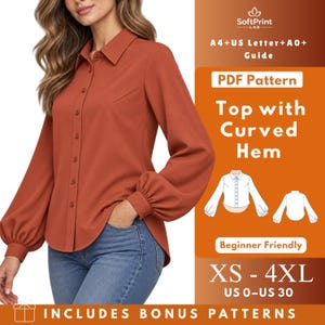 May include: A rust-colored long-sleeve button-down shirt with a collar and curved hem. The graphic overlay includes the text SoftPrint LAB, A4+US Letter+A0+ Guide, PDF Pattern, Top with Curved Hem, Beginner Friendly, XS-4XL, US 0-US 30.