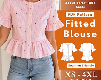 Patrón de costura en PDF para blusa peplum con volantes y botones delanteros, blusa tejida con mangas con volantes, tallas para mujer XS-4XL
