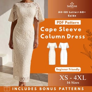 Puede incluir: Vestido columna de encaje marfil con mangas de capa. El vestido presenta un escote barco y una silueta entallada. La imagen también incluye el texto "PDF Pattern Cape Sleeve Column Dress" y "XS - 4XL 16 Sizes".