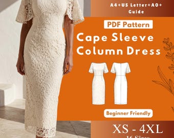 Cape Sleeve Column Dress Sewing Pattern PDF, Midi Boat Neck Sheath Digital Download