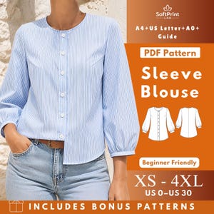 May include: A light blue and white vertical striped blouse with long sleeves, a round neckline, and a front button placket. The image includes text: SoftPrint LAB, A4+US Letter+A0+ Guide, PDF Pattern, Sleeve Blouse, Beginner Friendly, XS-4XL, US 0-US 30.