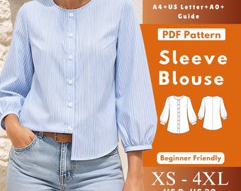 Button Front Bishop Sleeve Blouse Sewing Pattern PDF, Women’s Woven Placket Top XS-4XL US 0-30