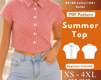 Cropped Shirt PDF Sewing Pattern, Collared Button Front Blouse with Short Sleeves, Bust Darts, Shirt Collar XS-4XL