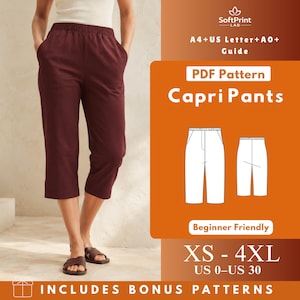 Peut inclure: Un patron de couture numérique PDF pour pantacourt par SoftPrint Lab. L'image montre un pantacourt bordeaux, un dessin technique blanc du patron et du texte incluant A4+US Letter+A0+Guide, PDF Pattern, Capri Pants, Beginner Friendly et XS-4XL US 0-US 30.