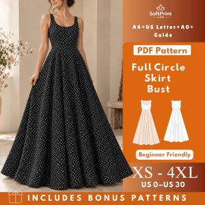 May include: A floor-length black dress with a white polka dot pattern, featuring a scoop neckline and a full circle skirt. The image includes text: SoftPrint LAB, A4+US Letter+A0+ Guide, PDF Pattern, Full Circle Skirt Bust, Beginner Friendly, XS-4XL, US 0-US 30.