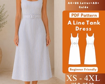 Patrón de costura en PDF para vestido sin mangas de corte A, estilo midi con pinzas y cinturón con hebilla, tallas XS–4XL para mujer.