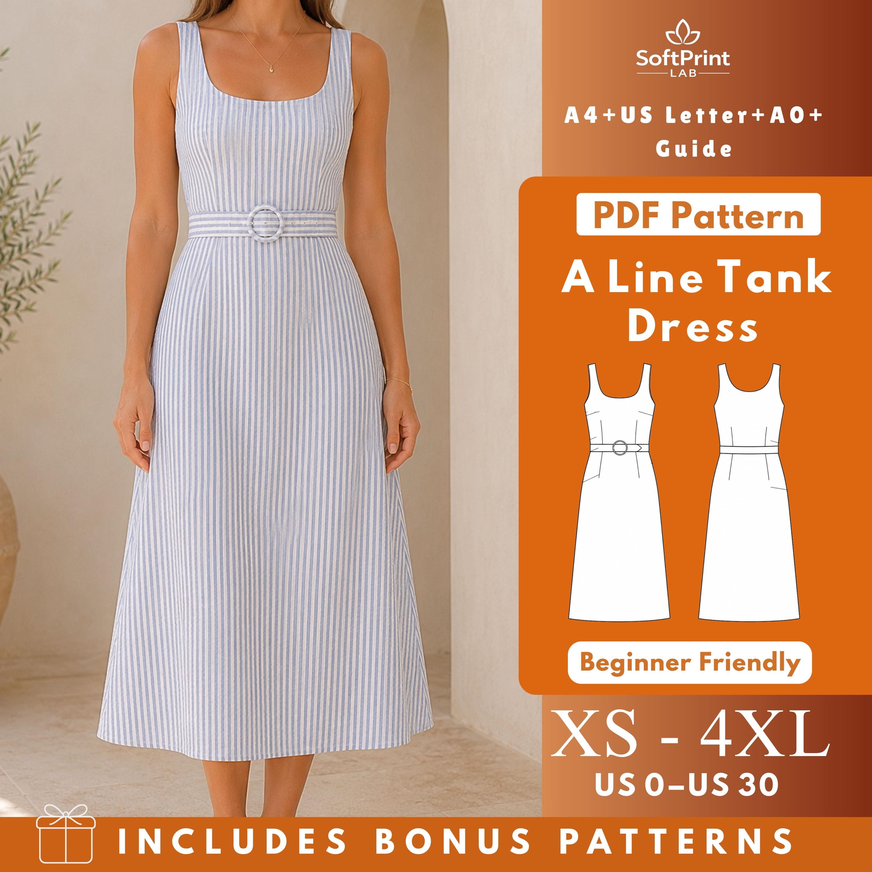 A Line Tank Dress PDF Sewing Pattern, Sleeveless Darted Midi With Buckle Belt, Women XS–4XL