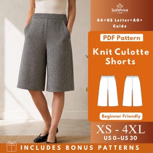 Könnte beinhalten: Ein PDF-Schnittmuster für eine Strick-Culotte-Shorts mit schwarz-weißem Mikro-Karomuster. Die Grafik enthält den Text SoftPrint LAB, A4+US Letter+A0+ Guide, PDF Pattern, Knit Culotte Shorts, Beginner Friendly, XS-4XL, US 0-US 30.