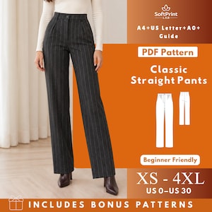 May include: Dark gray straight pants with thin white vertical pinstripes, a high waist, and a button closure. The image includes text: SoftPrint LAB, A4+US Letter+A0+ Guide, PDF Pattern, Classic Straight Pants, Beginner Friendly, XS-4XL, US 0-US 30.