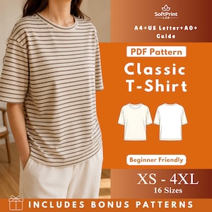 May include: A beige and brown striped t-shirt is shown. The image includes text that reads "PDF Pattern Classic T-Shirt" and "XS - 4XL 16 Sizes". The t-shirt is part of a pattern set that includes bonus patterns.