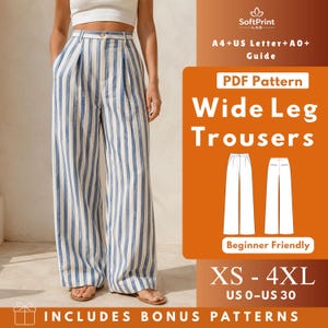 Peut inclure: Pantalon large à taille haute avec des rayures verticales bleues et blanches, une fermeture à bouton et des plis avant. Le guide de patron numérique inclut les tailles XS à 4XL, US 0 à US 30, et les formats d'impression A4, US Letter et A0.