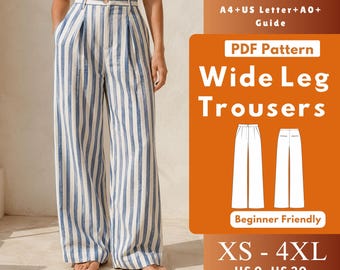 Patrón de costura en PDF para pantalones de pierna ancha, pantalones plisados de cintura alta con bragueta, bolsillos y bolsillo ribeteado trasero. Tallas: XS-4XL.