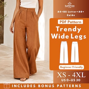 Könnte beinhalten: Ein digitales PDF-Schnittmuster für eine Hose mit weitem Bein, das eine braune Hose mit hoher Taille und Knopfverschluss zeigt. Die Grafik enthält den Text SoftPrint LAB, A4+US Letter+A0+ Guide, PDF Pattern, Trendy Wide Legs, Beginner Friendly, XS-4XL, US 0-US 30.