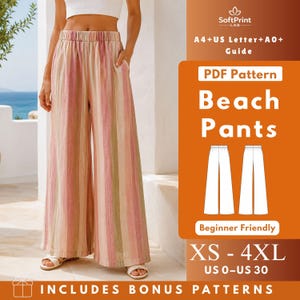 Palazzo Pants PDF Sewing Pattern, Relaxed Linen Wide Leg Pull-On Pants with In-Seam Pockets XS-4XL