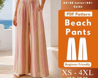 Patrón de costura en PDF para pantalones palazzo, pantalones holgados de lino de pierna ancha con bolsillos laterales, tallas XS-4XL.