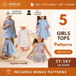 May include: A digital sewing pattern set for 5 tops featuring various designs including a sleeveless blue button-down, a long-sleeve blue shirt with floral embroidery, a white top with colourful bows, and a sleeveless top with a patchwork pattern.