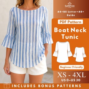 Patron de couture PDF pour tunique à encolure bateau, haut en maille à manches volantées, coupe trapèze décontractée, tailles XS à 4XL