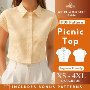 Può includere: Un top abbottonato a quadretti vichy gialli e bianchi con colletto e maniche corte. L'immagine include il testo: SoftPrint LAB, A4+US Letter+A0+ Guide, PDF Pattern, Picnic Top, Beginner Friendly, XS - 4XL, US 0-US 30, INCLUDES BONUS PATTERNS.