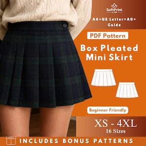 May include: A box-pleated mini skirt in a green and navy plaid pattern. The skirt features a button closure and is shown in a product image. The image also includes text that says "PDF Pattern", "Beginner Friendly", and size options from XS to 4XL.