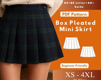 Patrón de costura en PDF para minifalda plisada, falda preppy con cintura elástica (descarga digital)