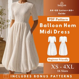 Puede incluir: Un vestido midi color crema con bajo abombado y mangas cortas. El vestido presenta un cuello redondo y bolsillos. El texto en la imagen dice "PDF Pattern Balloon Hem Midi Dress" y "XS - 4XL". El patrón es apto para principiantes.