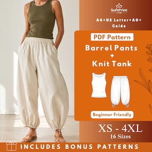 May include: A woman wearing a green ribbed tank top and cream-colored barrel pants with drawstring ankles. The image includes a graphic with the text "PDF Pattern Barrel Pants + Knit Tank" and size range "XS - 4XL".