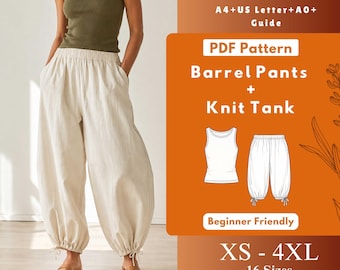 Barrel Pants and Knit Tank Top Sewing Pattern Bundle PDF, Drawstring Hem Lounge Set