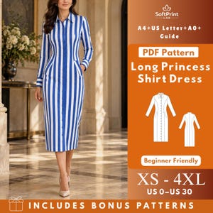 Può includere: Un abito camicia a maniche lunghe con motivo a righe verticali blu e bianche, colletto e chiusura frontale con bottoni. La guida al cartamodello digitale include il testo: SoftPrint LAB, A4+US Letter+A0+ Guide, PDF Pattern, Long Princess Shirt Dress, Beginner Friendly, XS-4XL, US 0-US 30, INCLUDES BONUS PATTERNS.