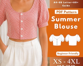Scoop Neck Puff Sleeve Blouse PDF Sewing Pattern, Button Front Cropped Woven Top XS-4XL