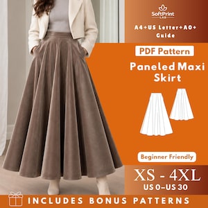 Può includere: Una gonna lunga a pannelli marrone con vita alta e silhouette svasata. L'immagine include il testo: SoftPrint LAB, A4+US Letter+A0+ Guide, PDF Pattern, Paneled Maxi Skirt, Beginner Friendly, XS - 4XL, US 0-US 30, INCLUDES BONUS PATTERNS.