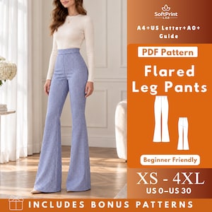 May include: A digital PDF sewing pattern for flared leg pants, featuring a blue and white gingham check pattern. The graphic includes the text SoftPrint LAB, A4+US Letter+A0+ Guide, PDF Pattern, Flared Leg Pants, Beginner Friendly, XS-4XL, US 0-US 30.