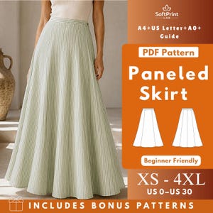 Może przedstawiać: Cyfrowy wykrój krawiecki PDF na spódnicę panelową od SoftPrint LAB. Grafika zawiera tekst A4+US Letter+A0+ Guide, PDF Pattern, Paneled Skirt, Beginner Friendly, XS-4XL, US 0-US 30 oraz Includes Bonus Patterns wraz z ilustracjami liniowymi.