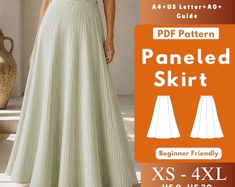 Patrón de costura en PDF para falda larga acampanada con paneles, falda maxi forrada con cinturilla y cremallera lateral, tallas XS-4XL para mujer.