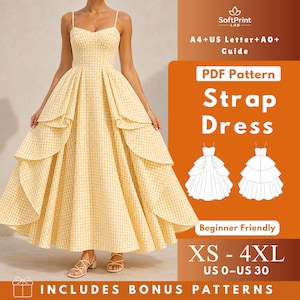 May include: A yellow and white gingham strap dress with a sweetheart neckline and a multi-tiered skirt. The image includes text: SoftPrint LAB, A4+US Letter+A0+Guide, PDF Pattern Strap Dress, Beginner Friendly, XS-4XL, US 0-US 30, INCLUDES BONUS PATTERNS.