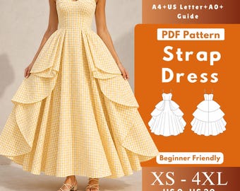 Gelaagde jurk met ruches naaipatroon pdf, volantjurk dames XS-4XL 0-30