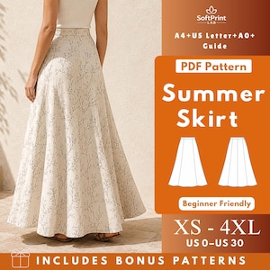 Könnte beinhalten: Ein bodenlanger Rock mit hoher Taille aus cremefarbenem Stoff mit einem zarten, dunkelbraunen botanischen Zweigmuster. Das Bild enthält Text: SoftPrint LAB, A4+US Letter+A0+ Guide, PDF Pattern, Summer Skirt, Beginner Friendly, XS-4XL, US 0-US 30.