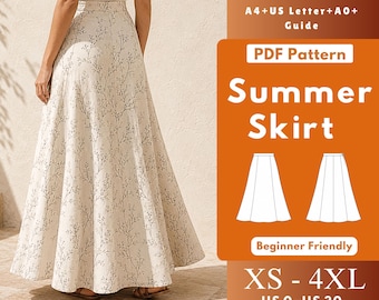 Patrón de costura en PDF para falda larga acampanada con paneles, falda maxi forrada con cremallera lateral, tallas XS-4XL