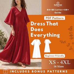 Könnte beinhalten: Eine Frau trägt ein langes, fließendes rotes Kleid mit weiten Ärmeln. Das Bild enthält ein PDF-Muster für das Kleid mit dem Text "Dress That Does Everything". Das Muster ist anfängerfreundlich und in den Größen XS-4XL erhältlich.