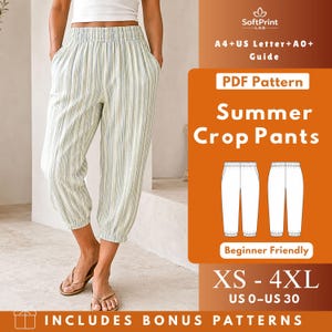 Elastic Hem Pedal Pusher Pants PDF Sewing Pattern, Cropped Pull-On Knit Pants with Pockets, Women XS-4XL