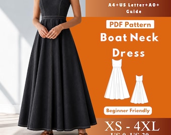 Boat Neck Dress Sewing Pattern PDF, Sleeveless Empire Waist Full Skirt