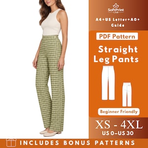 Puede incluir: Un patrón de costura digital en PDF para pantalones de pierna recta, con un diseño de tela a cuadros verde y blanco. El gráfico incluye el texto: SoftPrint LAB, A4+US Letter+A0+ Guide, PDF Pattern, Straight Leg Pants, Beginner Friendly, XS-4XL, US 0-US 30.