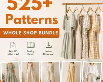 Pacchetto di oltre 525 modelli di cucito per abiti, PDF stampabili per abbigliamento femminile in formato A0 e A4