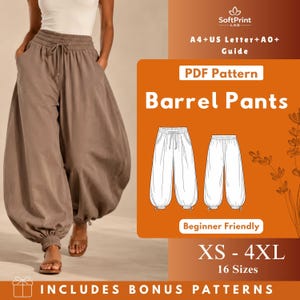 Può includere: Una persona indossa pantaloni a barilotto marroni con vita con coulisse e tasche. L'immagine include una grafica con il testo "PDF Pattern Barrel Pants" e "XS - 4XL 16 Taglie". Il modello è per principianti e include modelli bonus.