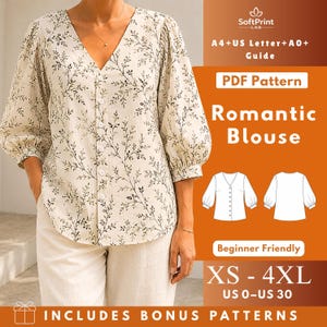 Op de afbeelding: Een crèmekleurige blouse met een donkergroen botanisch bladpatroon, voorzien van een V-hals, knoopsluiting aan de voorzijde en driekwart pofmouwen. De afbeelding bevat de tekst: SoftPrint LAB, A4+US Letter+A0+ Guide, PDF Pattern, Romantic Blouse, Beginner Friendly, XS-4XL, US 0-US 30, INCLUDES BONUS PATTERNS.