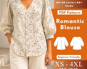 Button Front Blouse Sewing Pattern, Puff Sleeve V Neck Top PDF, Bishop Sleeve Shirt Pattern XS-4XL